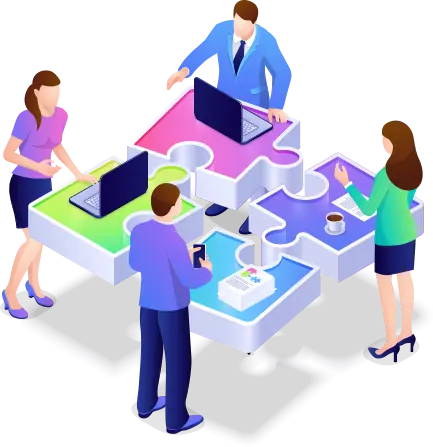 Illustration d’une équipe collaborant autour d’une table, symbolisant le travail d’équipe et la stratégie digitale chez Essihault RefWeb