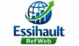 Logo Essihault RefWeb représentant un globe stylisé bleu symbolisant le web, traversé par une flèche verte ascendante évoquant la croissance et le référencement, avec le nom “Essihault RefWeb” en typographie moderne bleue et verte.